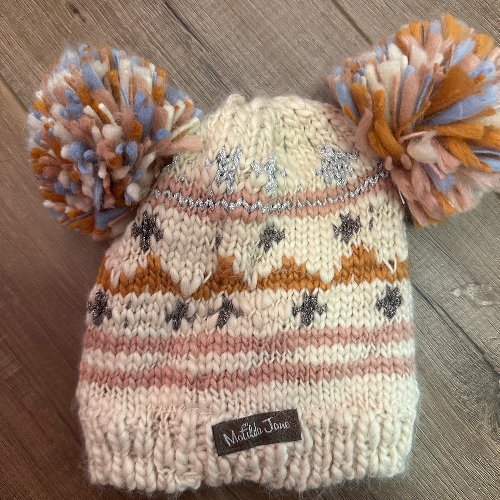 Matilda Jane Cream and Tan Knit Hat with Pom-Poms